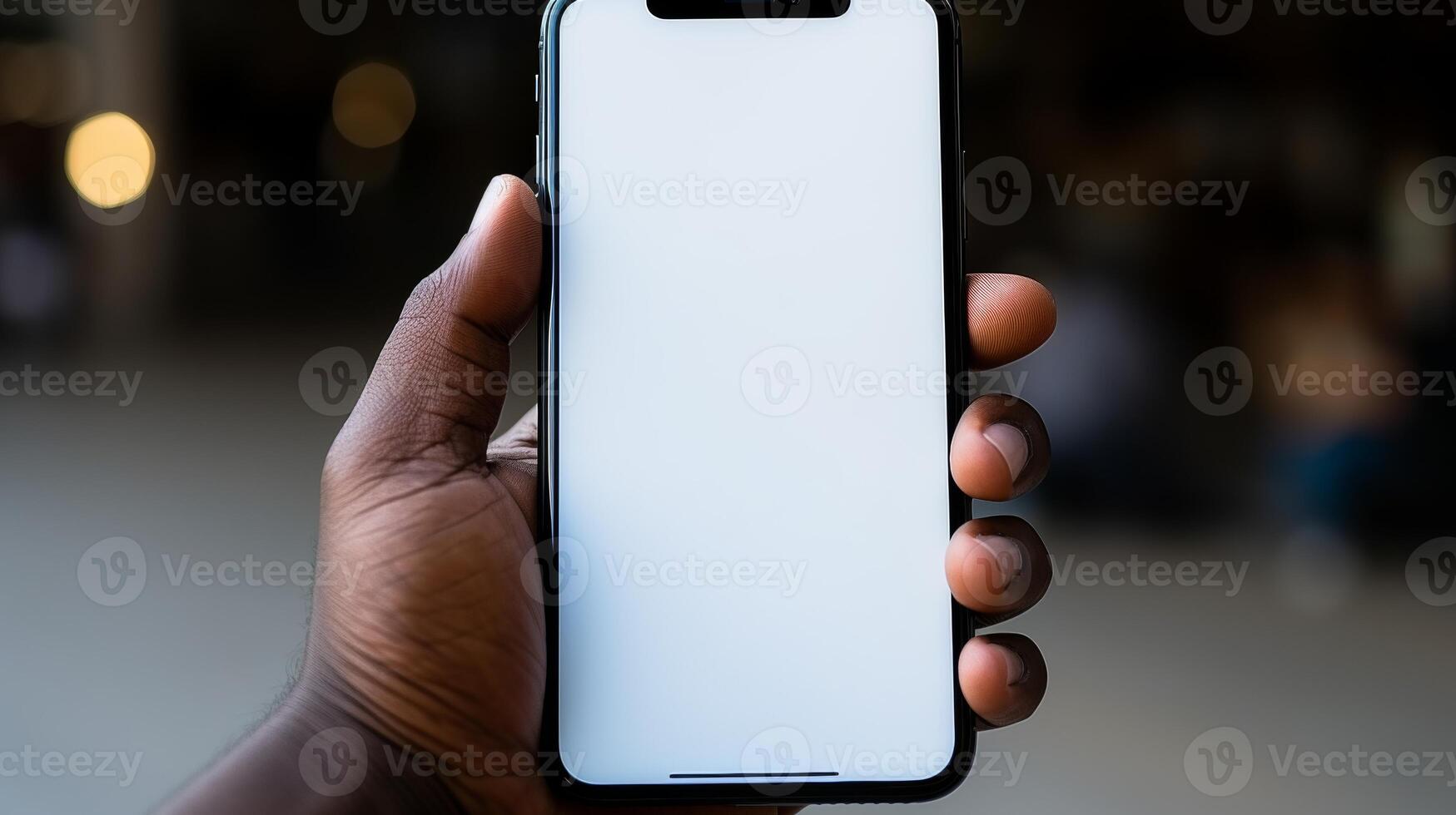 AI generated Hand holding a large smartphone with blank screen mockup for advertising and app display photo