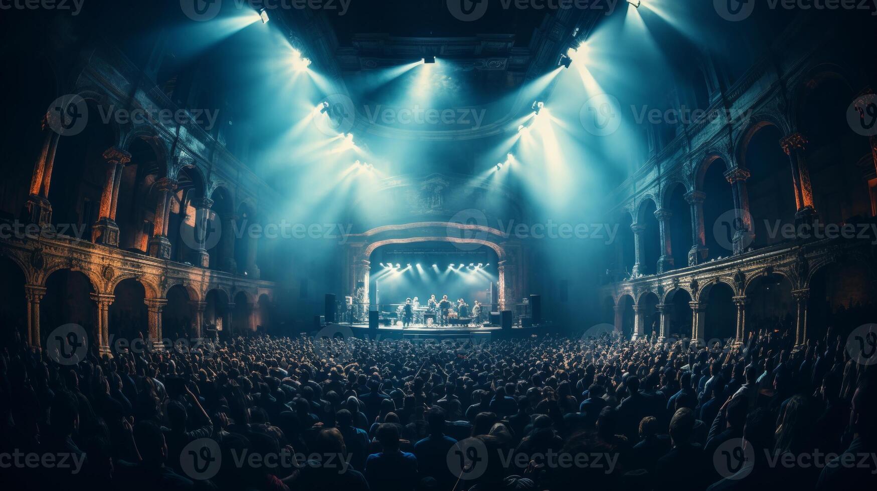 AI generated Rear view of spectators cheering and dancing in a packed concert hall environment photo