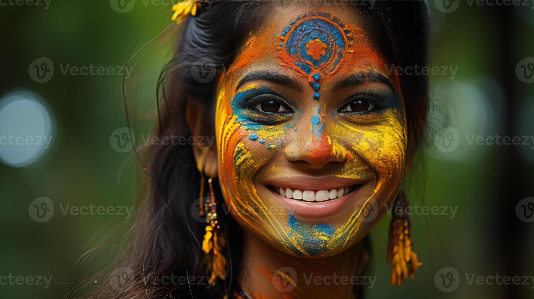 AI generated Smiling faces with colorful makeup in cultural tradition on defocused background photo