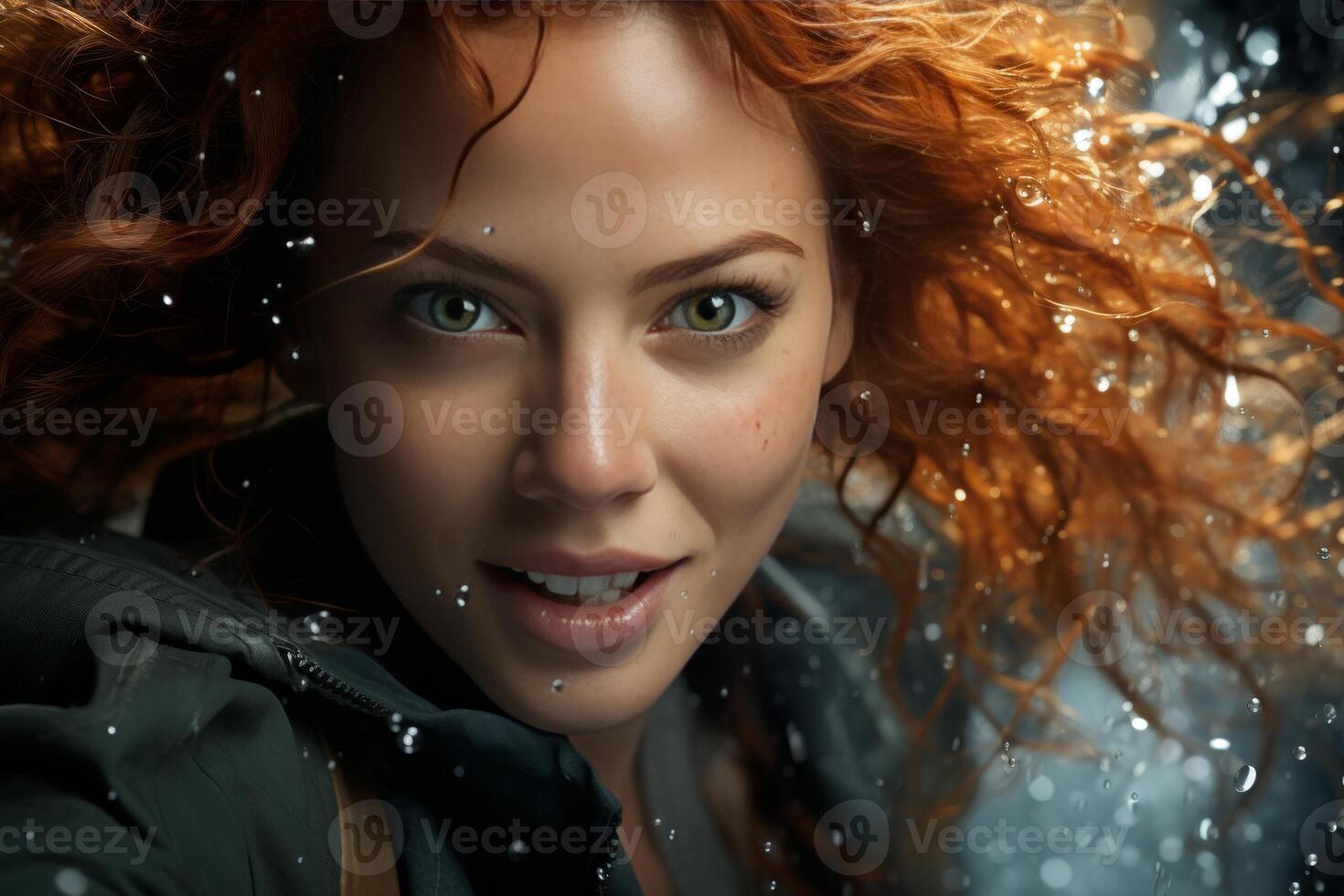 AI generated Charming woman smiling and looking at the camera close up while splashing water while surfing photo