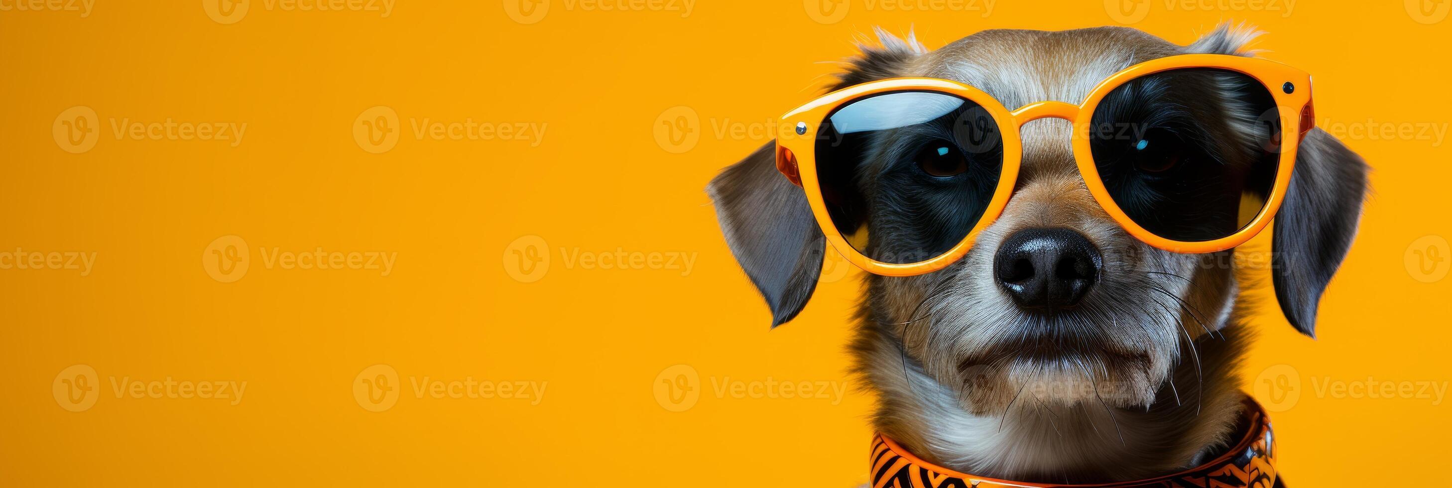 AI generated Cool dog with sunglasses on orange background - perfect for vacation concept. Space for text. photo