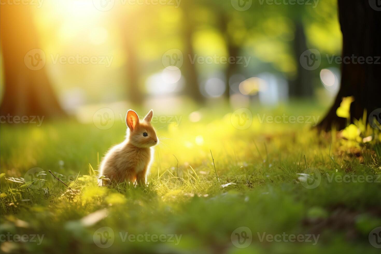 AI generated Cute Little Rabbit Sitting in the Lush Green Summer Grass, Perfect for Adding Your Own Text or Logo photo