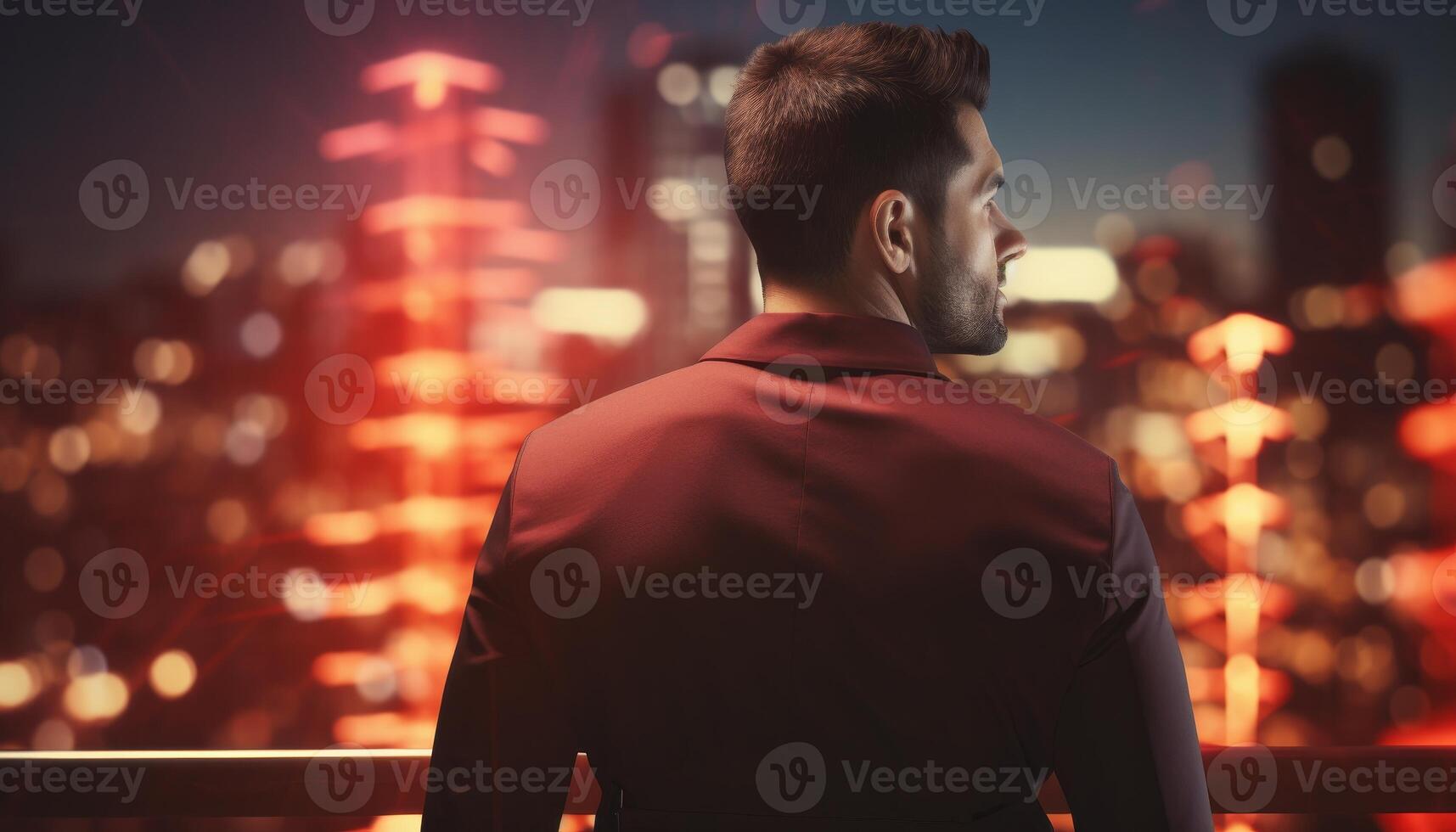 AI generated Professional business man standing with back turned, blurred office background, copy space available photo