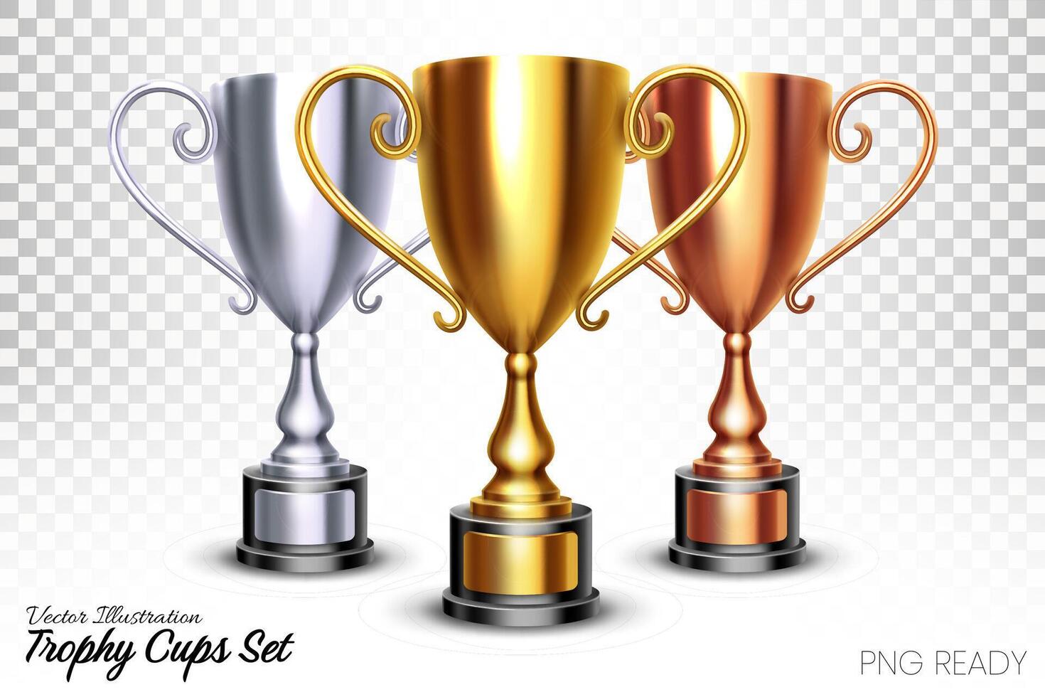 Realistic Shiny Golden, Silver and Bronze Trophies Isolated on Background, Vector Illustration