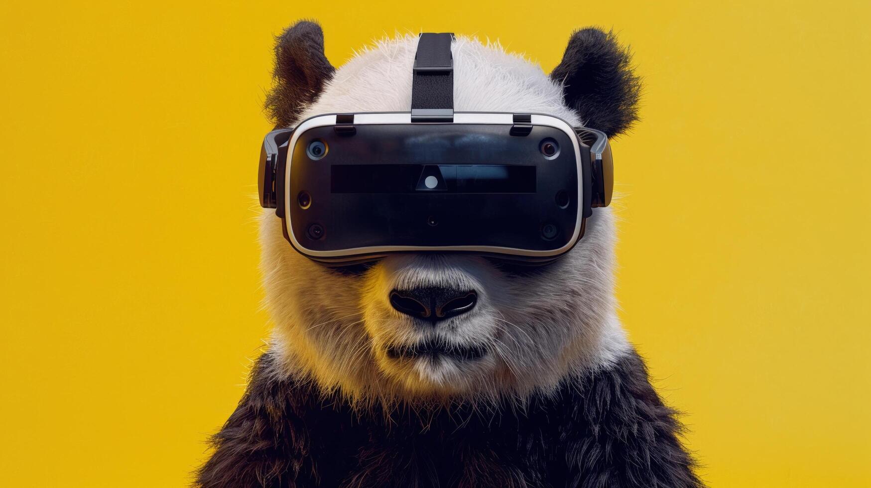AI generated A Panda with a virtual reality headset with beautiful yellow backdrop. photo
