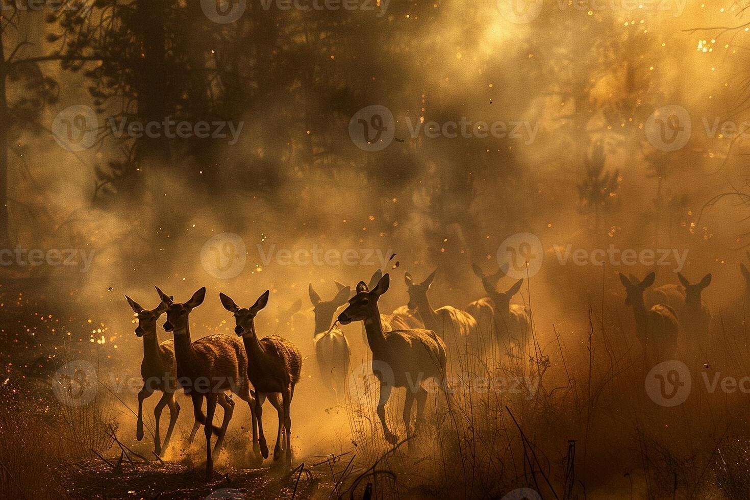 AI generated A herd of deer running through smoke on a path to escape a devastating forest fire. photo