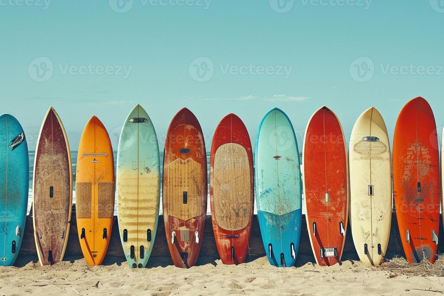 AI generated A vibrant display of variously designed surfboards standing upright on a sunny beach photo