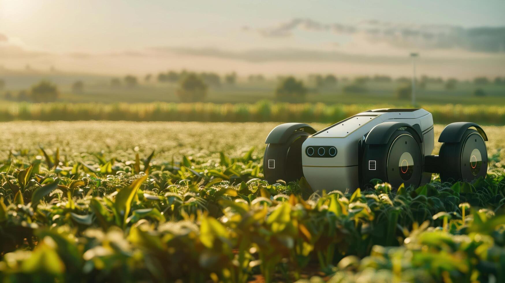 AI generated An advanced autonomous robot equipped with sensors and AI technology is operating in an agricultural field. photo