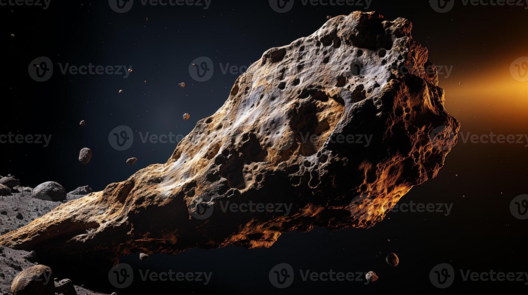AI generated Close-up shot of asteroid surface reflecting starlight, showcasing intricate details and texture photo