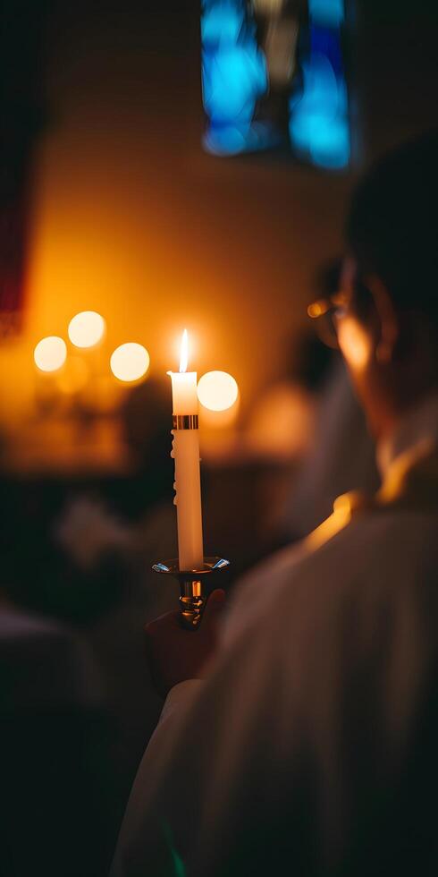 ai generado alumbrado por velas vigilia en un sitio de Adoración foto