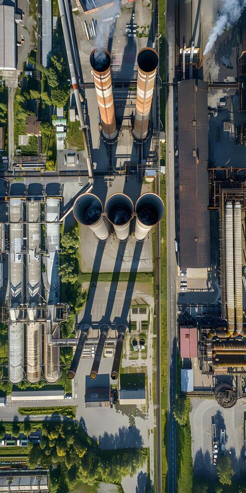 AI generated Aerial View of Industrial Complex with Smokestacks photo