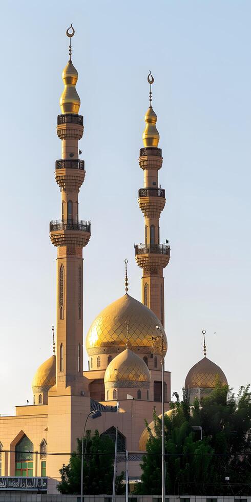 AI generated Golden Dome Mosque with Minarets photo