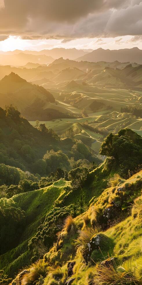 ai generado vibrante puesta de sol terminado laminación colinas foto