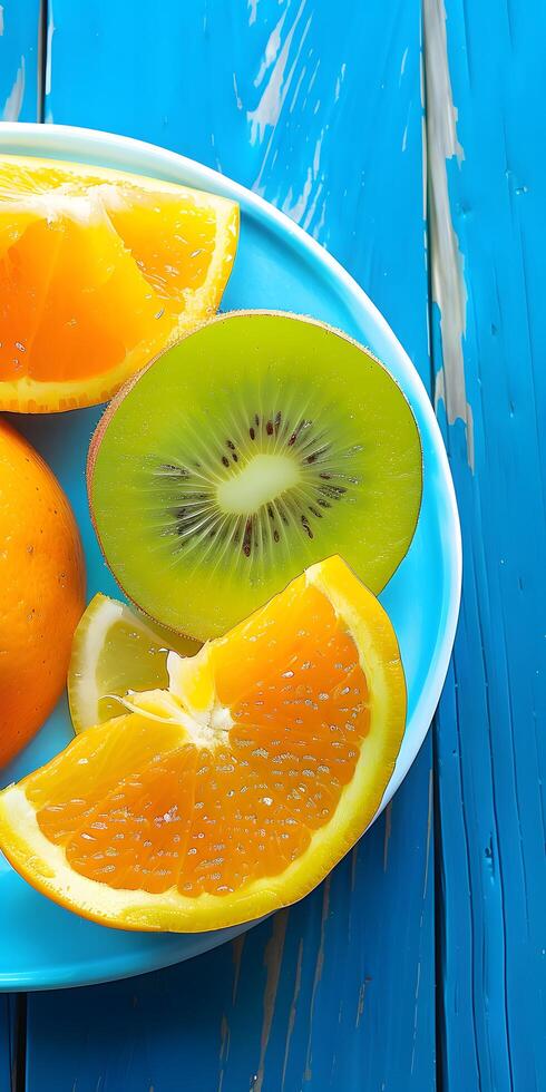 AI generated Vibrant and Fresh Fruit Slices on a Plate photo