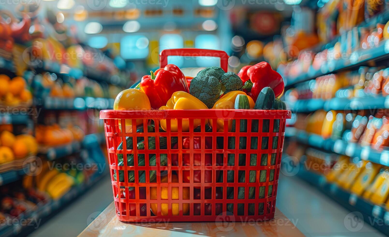 ai generado compras cesta lleno con Fresco vegetales en supermercado foto
