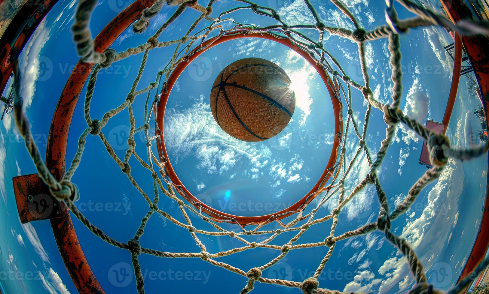 ai generado baloncesto yendo mediante el red con azul cielo y nubes en antecedentes foto