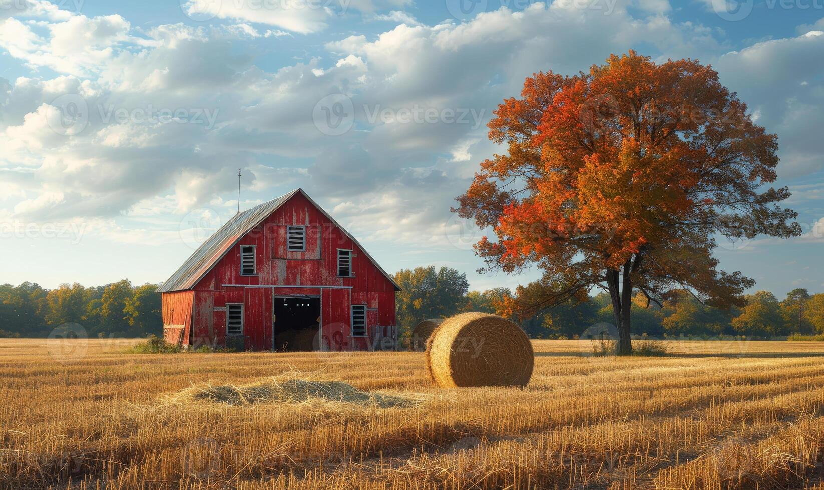 AI generated Red barn and hay bales sit in field on sunny autumn day. photo