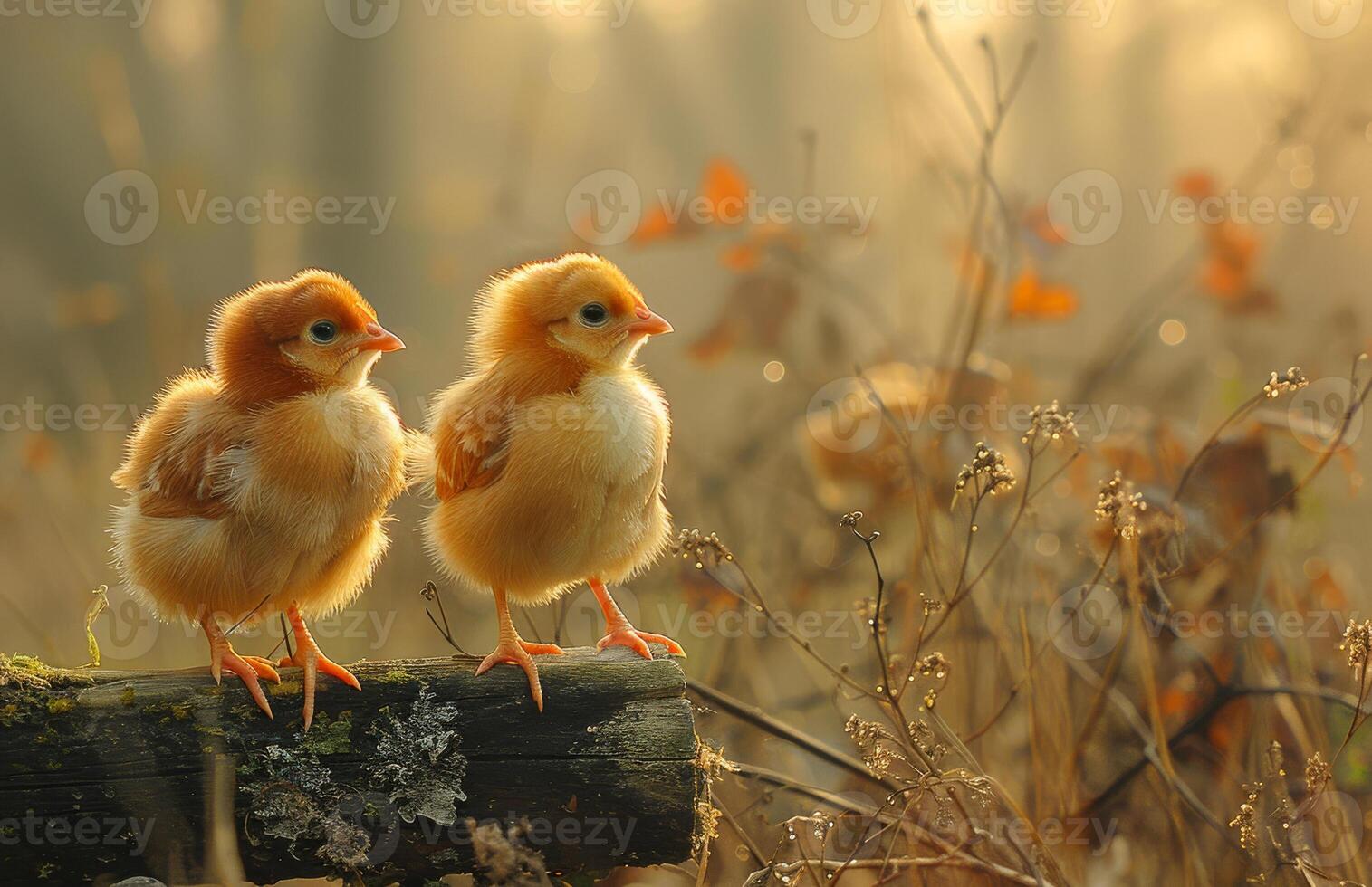 AI generated Two little chickens are sitting on stump in the morning sun photo