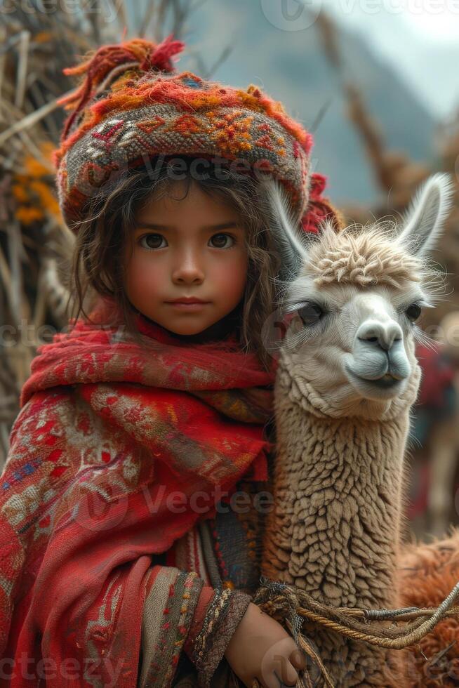 ai generado peruano niña y su llama. un joven lama es en pie siguiente a otro pequeño niño foto