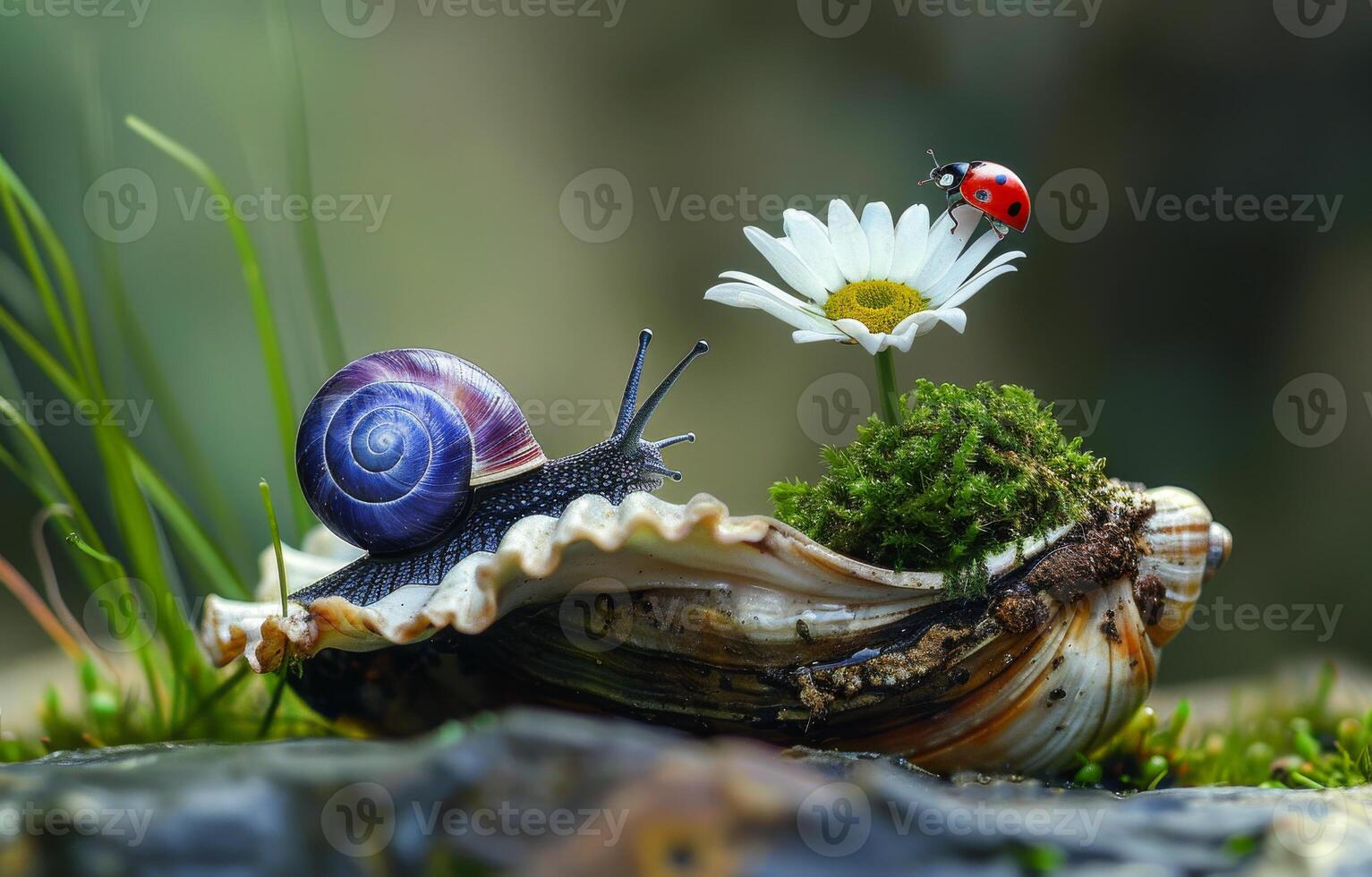 ai generado caracol y mariquita en caracol cáscara con margarita foto