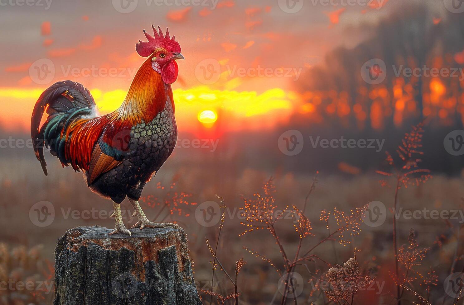 AI generated Rooster crowing on stump at sunrise photo