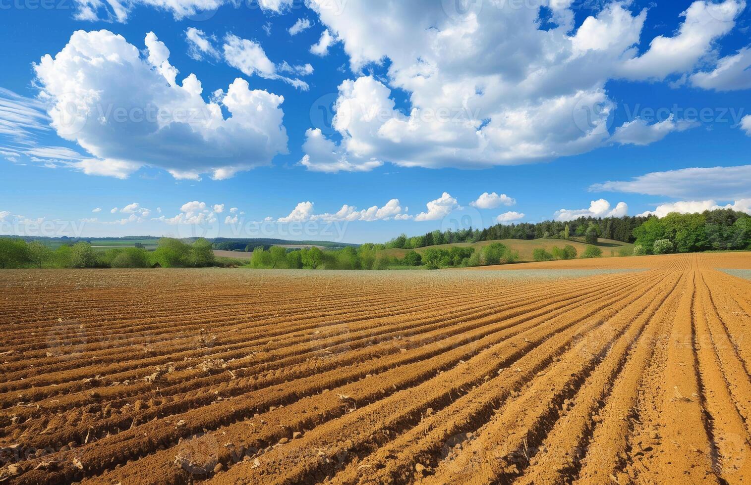 AI generated Furrows. Agricultural field on which grow up potatoes photo