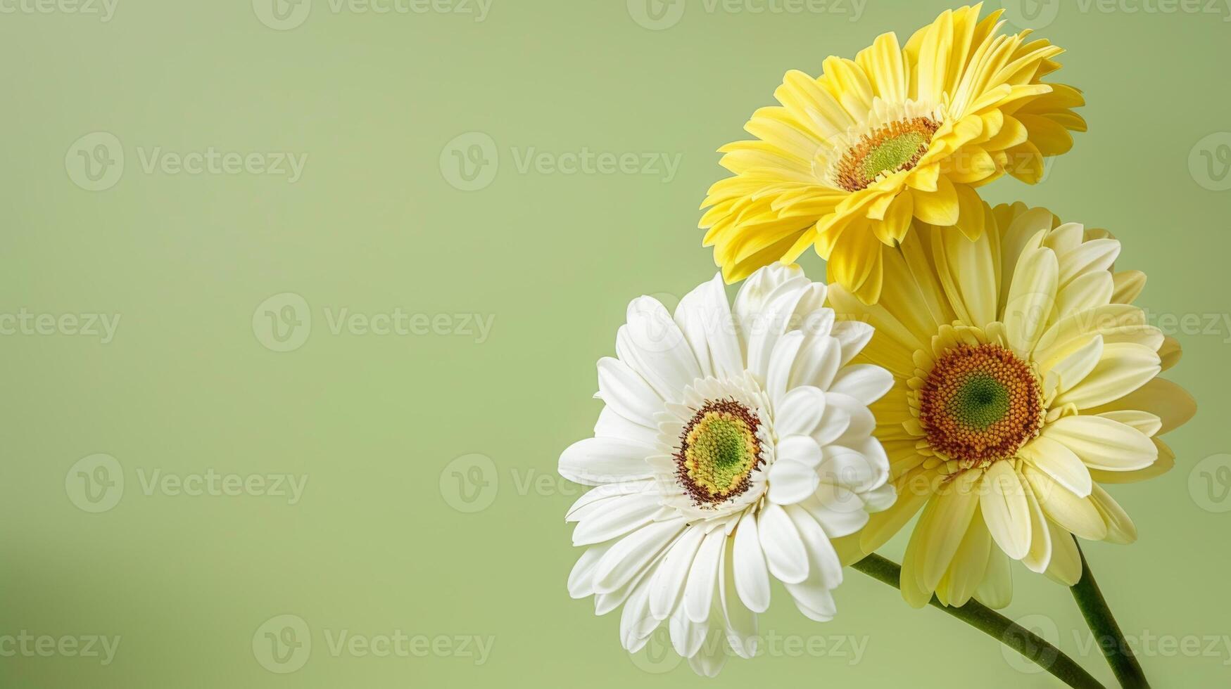 AI generated Three yellow and white gerbera daisies on green background photo