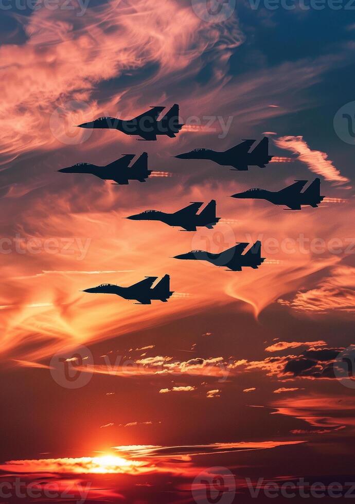 AI generated Silhouettes of fighter planes against the sky photo