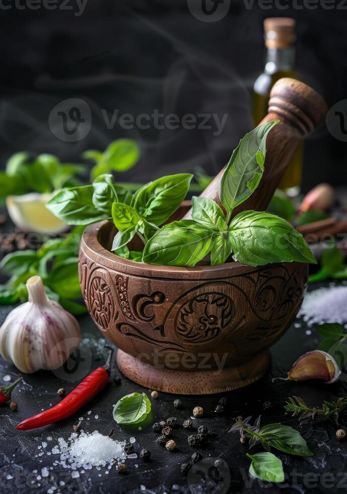 AI generated Fresh green basil in mortar with pestle garlic spices and olive oil on dark background photo