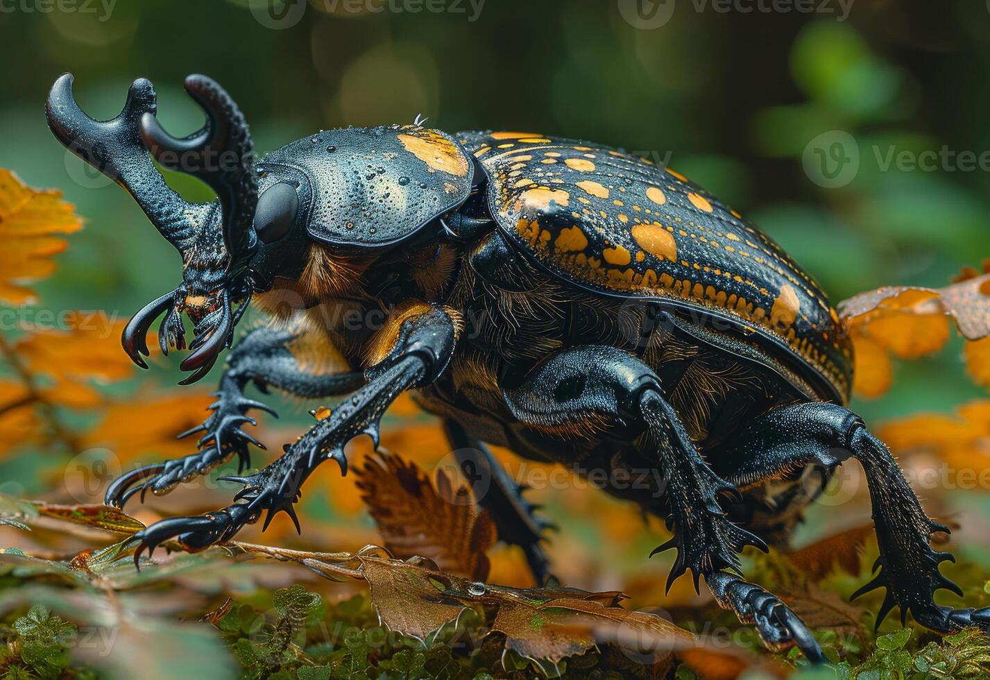 AI generated Large beetle sits on green moss in the forest photo