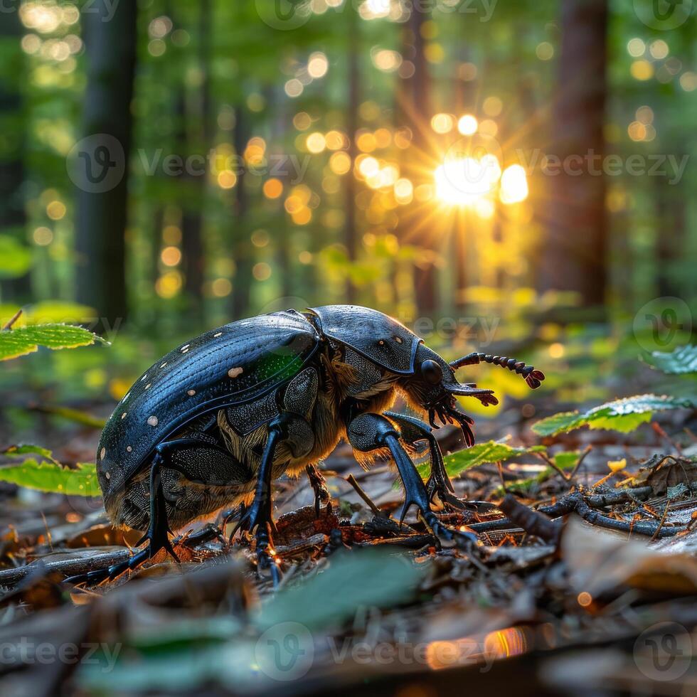 AI generated Large beetle crawls along the forest floor at sunset. photo