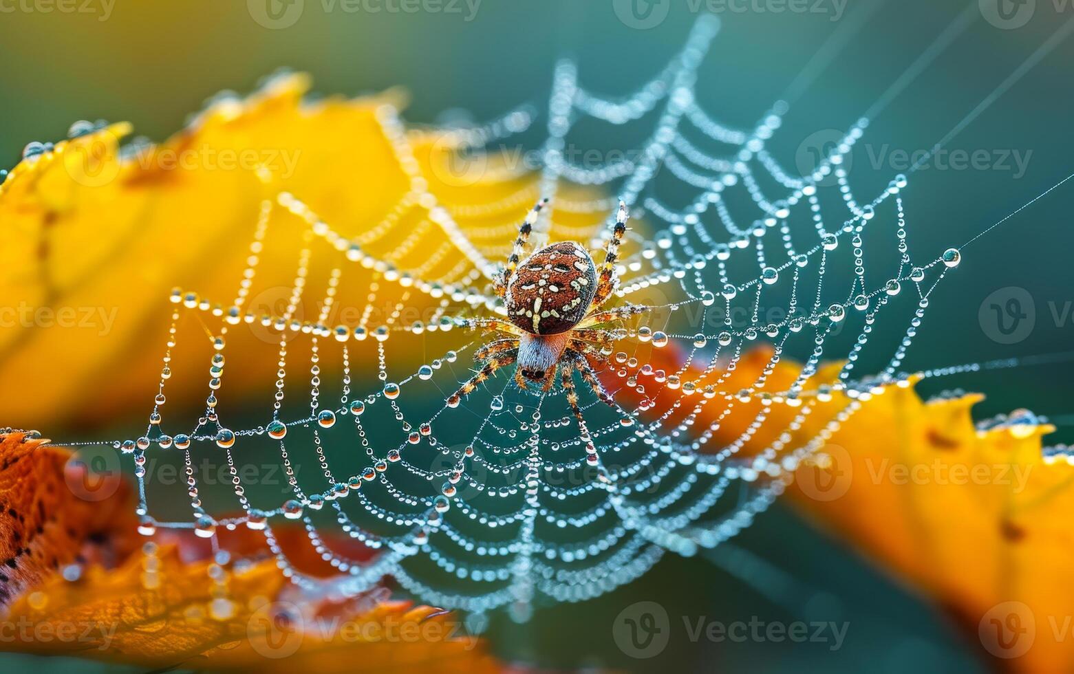 ai generado araña en el web. araña web con Rocío gotas en vistoso follaje foto