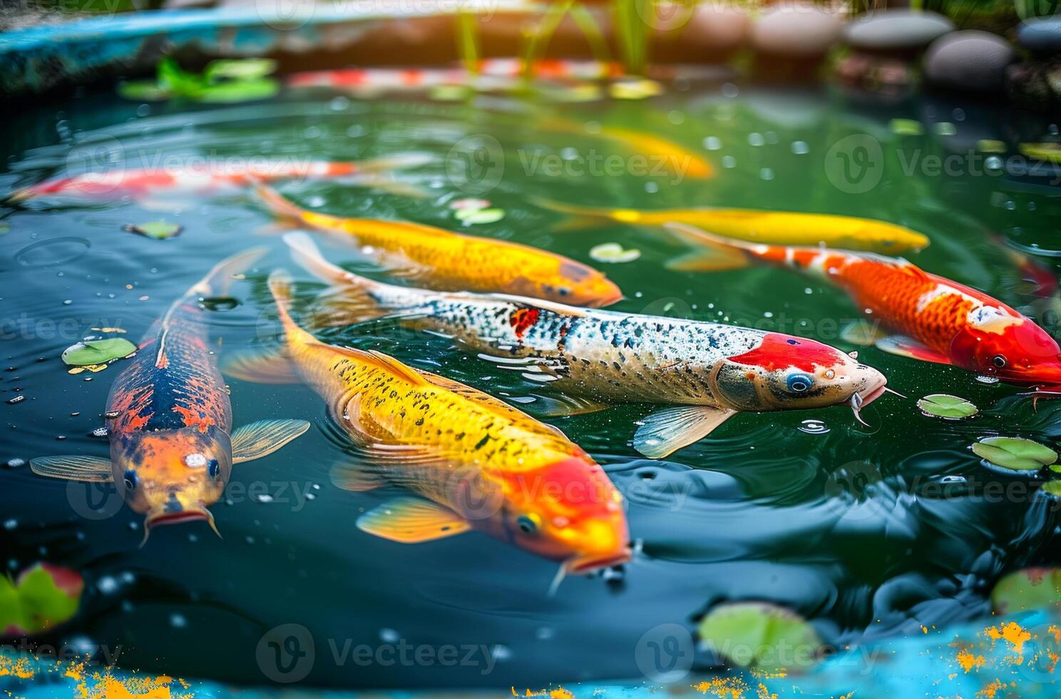 AI generated Koi fish in the pond. Majestic koi fish gracefully swimming in a clear pond photo