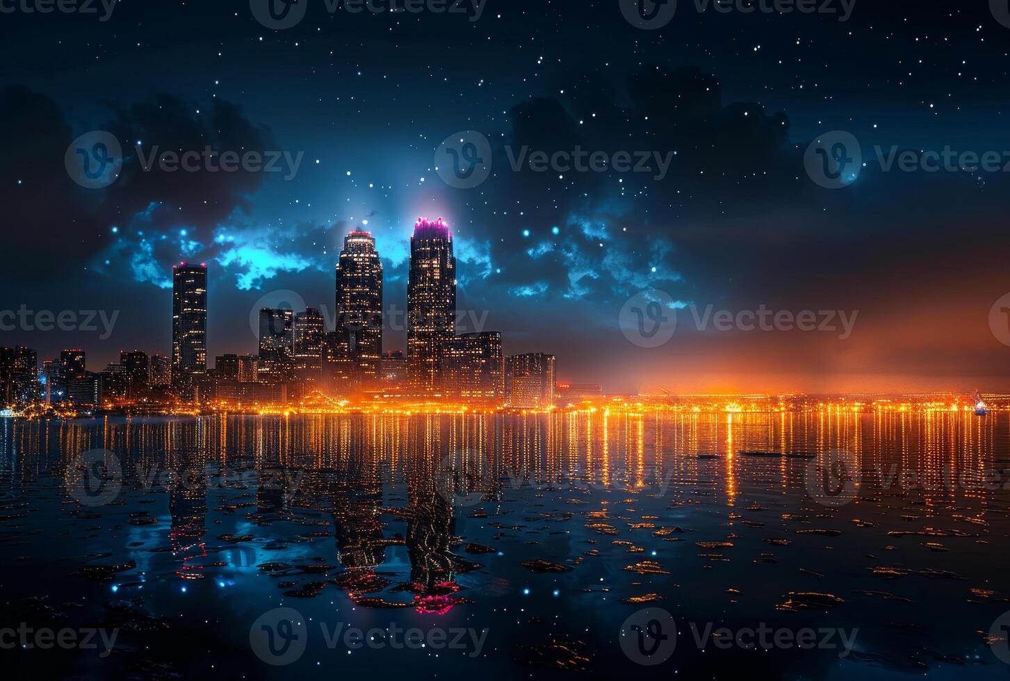 AI generated Night cityscape and starry sky reflected in the water photo