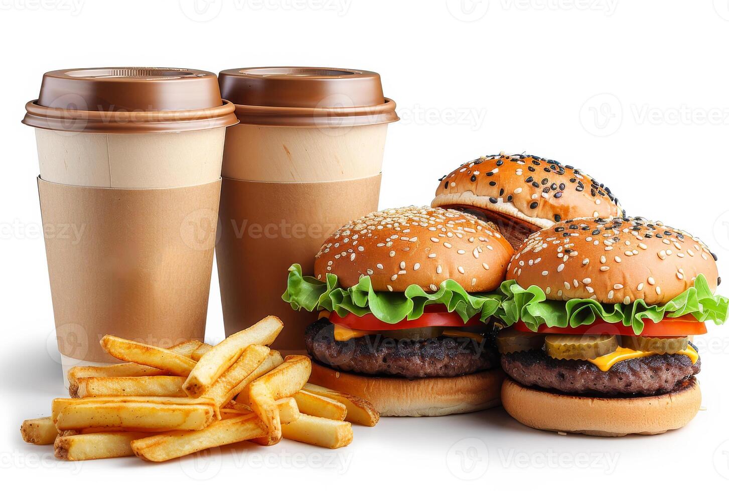 AI generated Hamburger french fries and two cups of coffee on white background photo