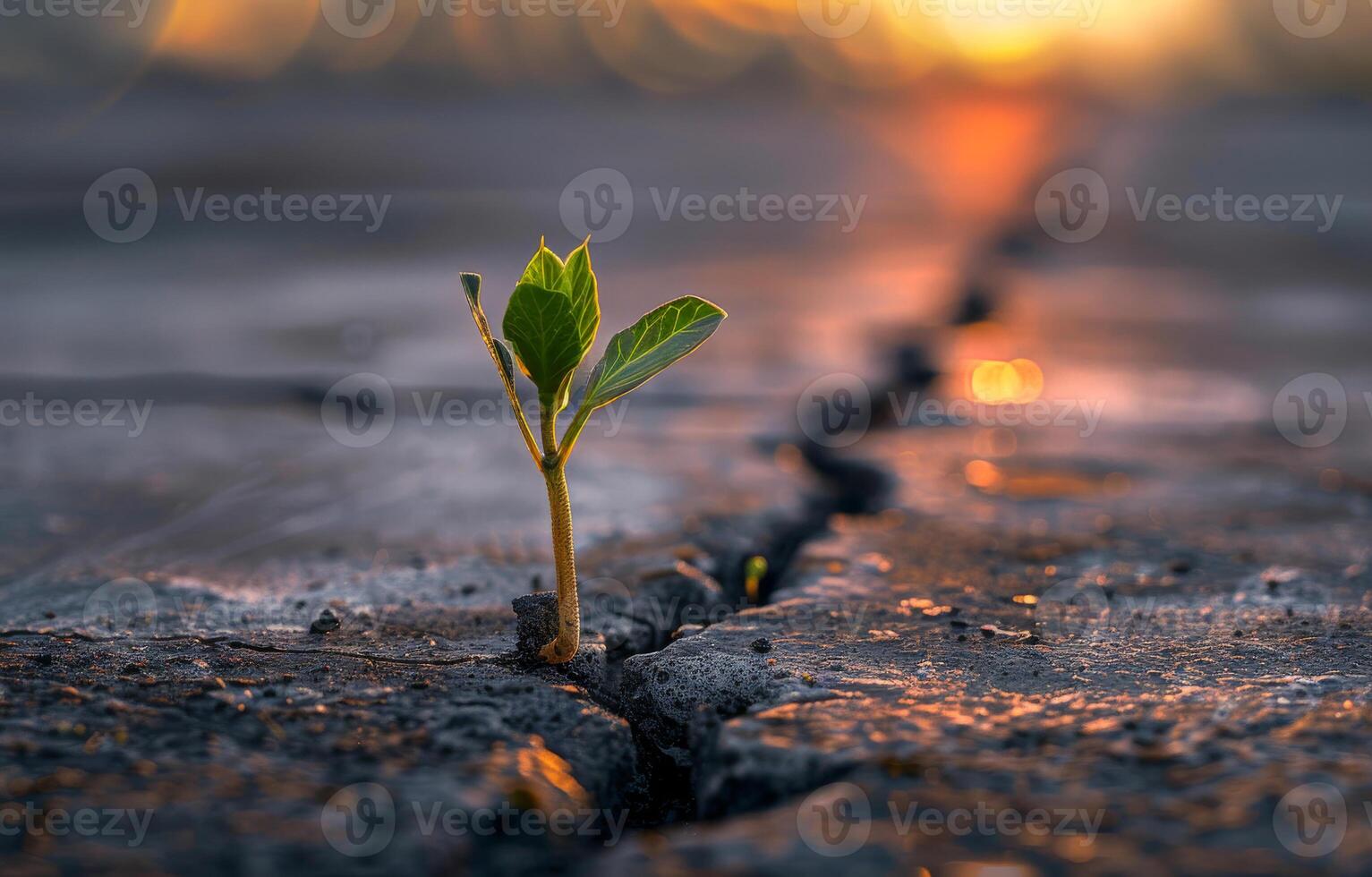 AI generated Small plant growing up through the crack in the asphalt photo