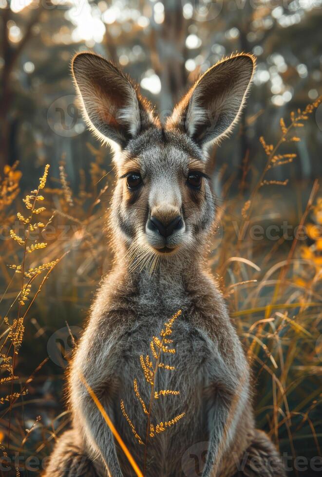 AI generated Young kangaroo is sitting in the grass and looking at the camera photo