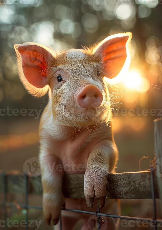 AI generated Young funny pig on farm. An image of a pig in the fence photo