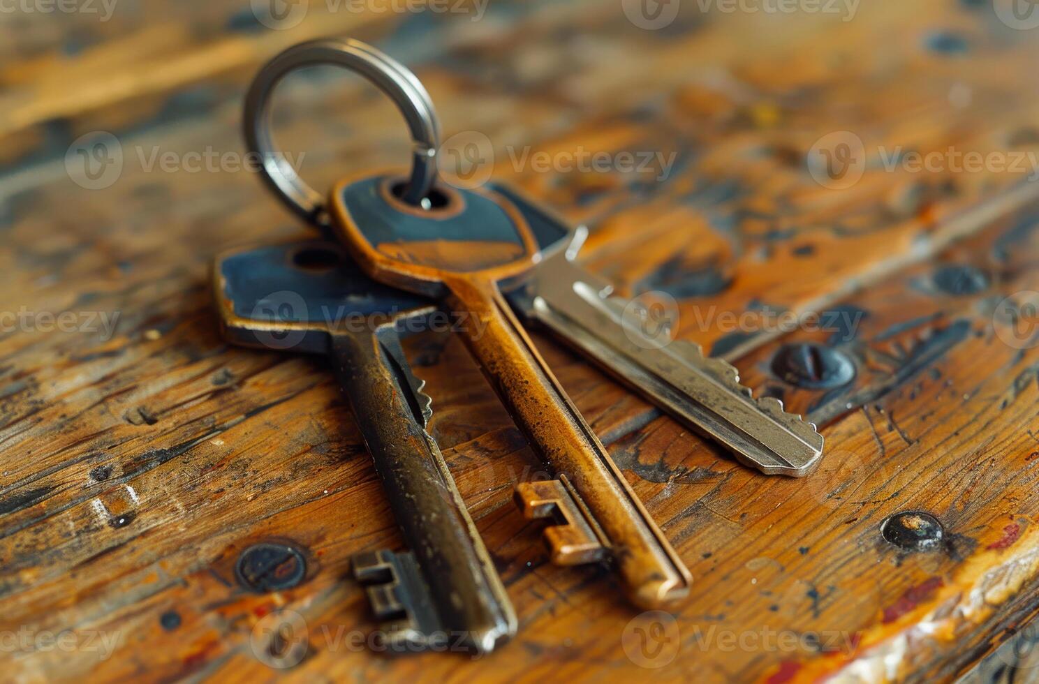 ai generado dos antiguo llaves en de madera mesa. un conjunto de llaves con un casa en un de madera mesa foto