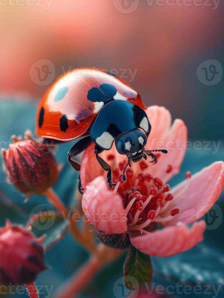 AI generated Ladybug on flower in the garden photo