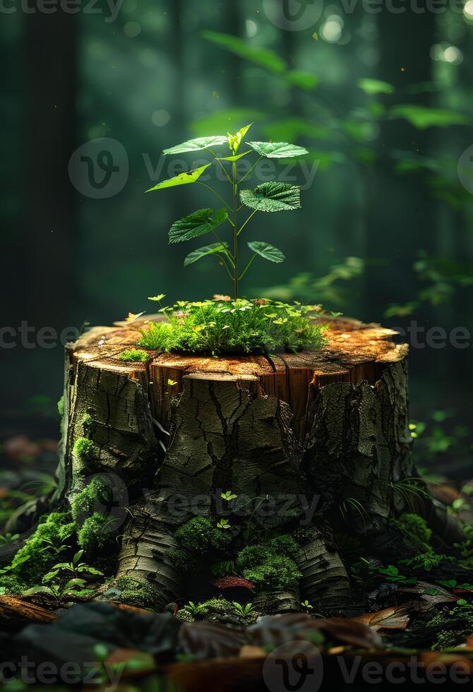 AI generated Stump with growing tree and fern. A tree stump with its top cracked open photo