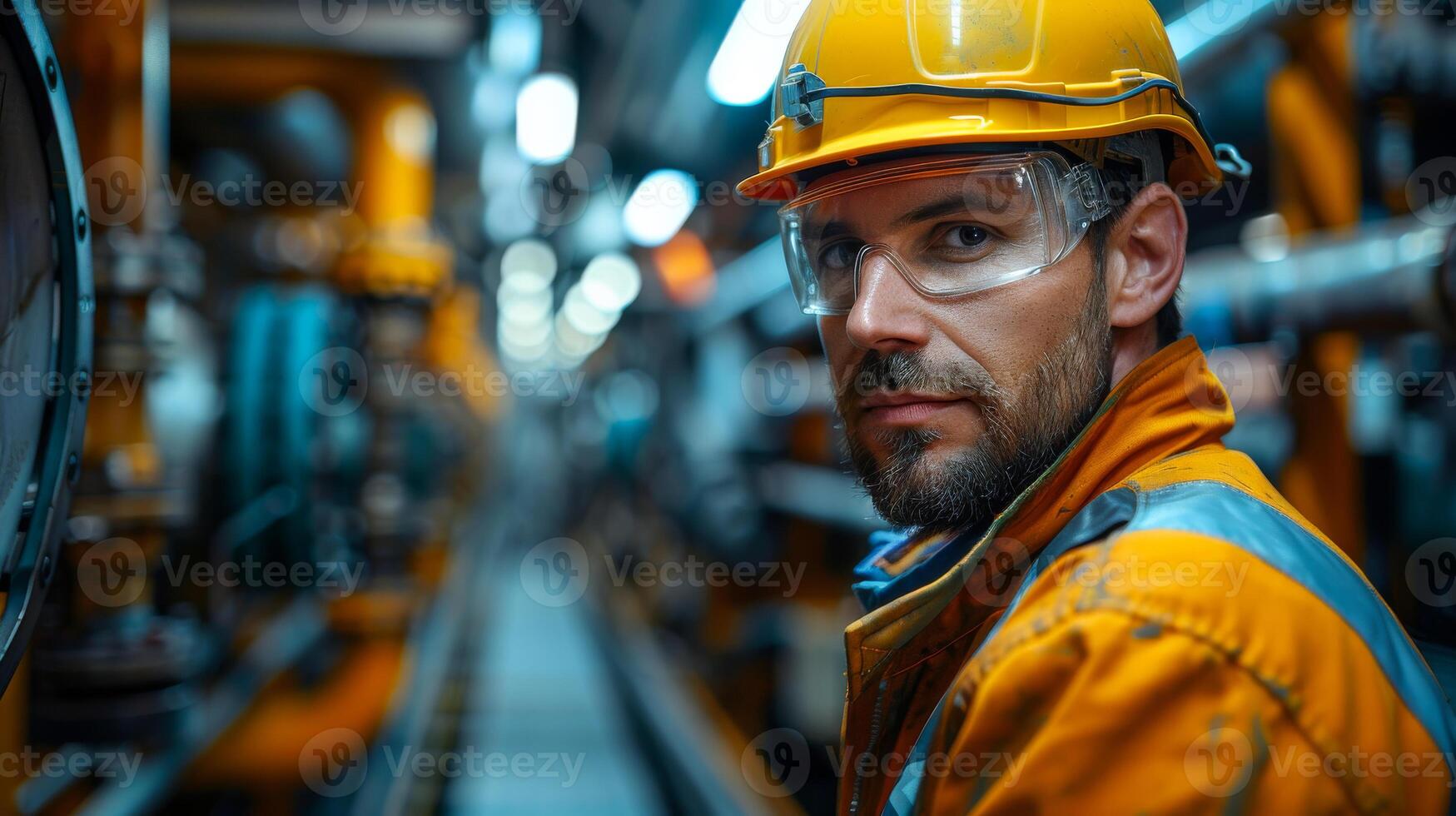 ai generado retrato de hermoso industrial trabajador en difícil sombrero y gafas de protección. foto