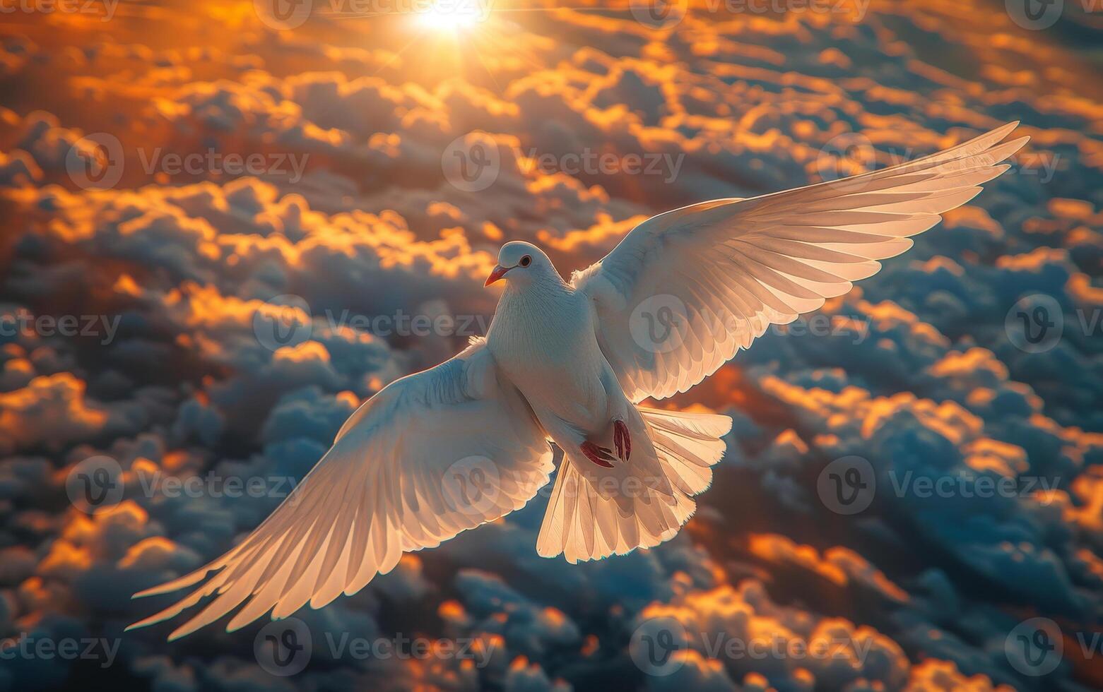 AI generated White dove flying in the sun rays among the clouds photo