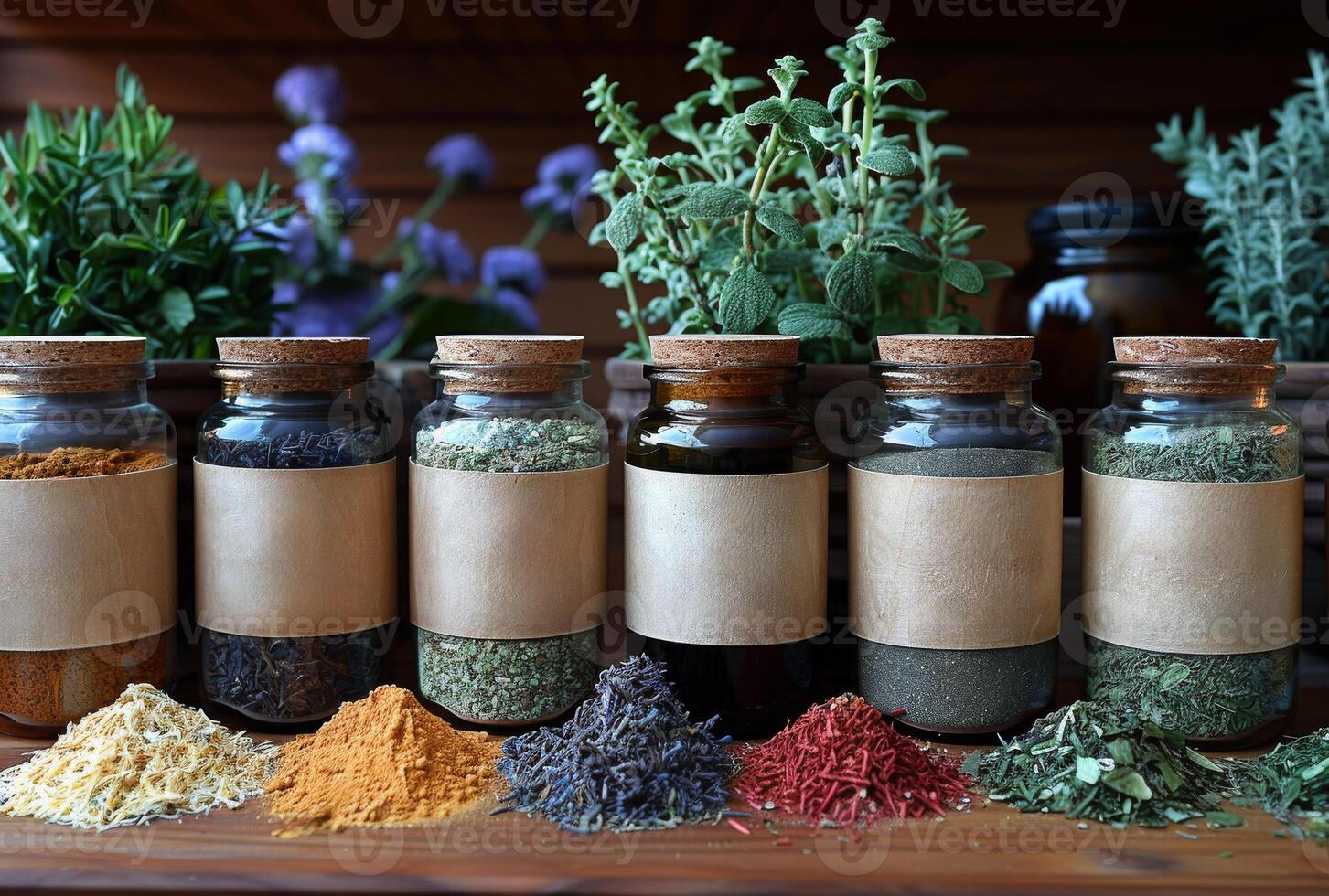 AI generated Various healing herbs and flowers in glass bottles on wooden table photo