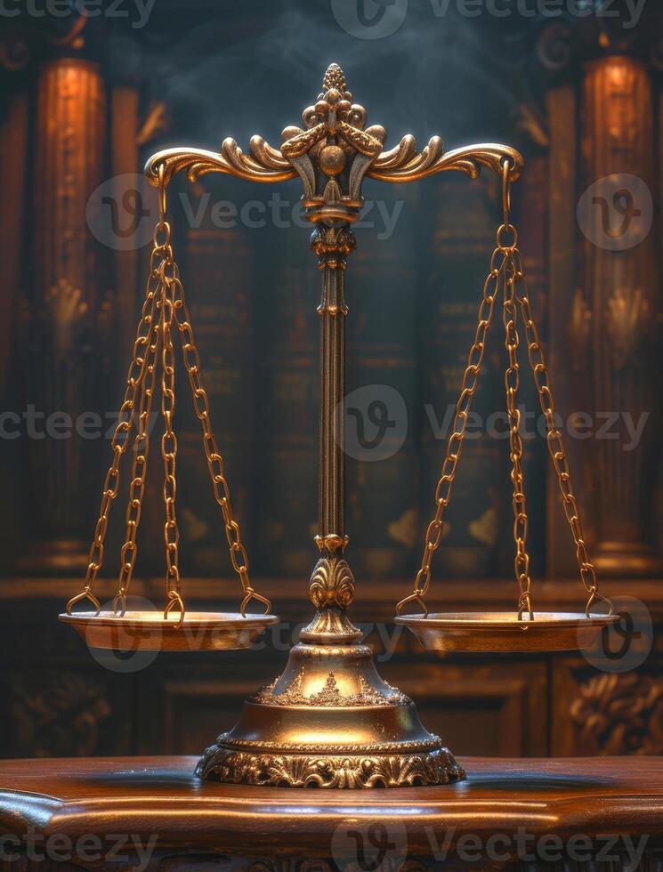 AI generated Symbol of law and justice. The scales of justice in the court library photo