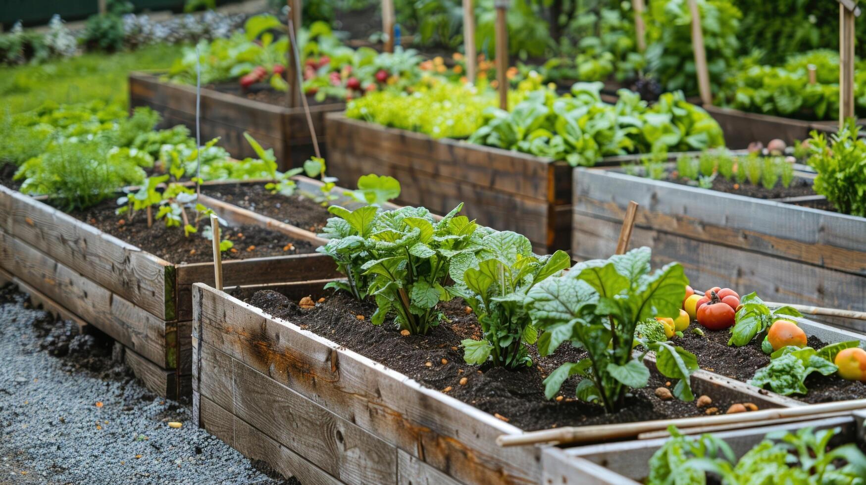 AI generated A Neatly arranged raised garden beds bloom with fresh produce in an urban farm setting photo