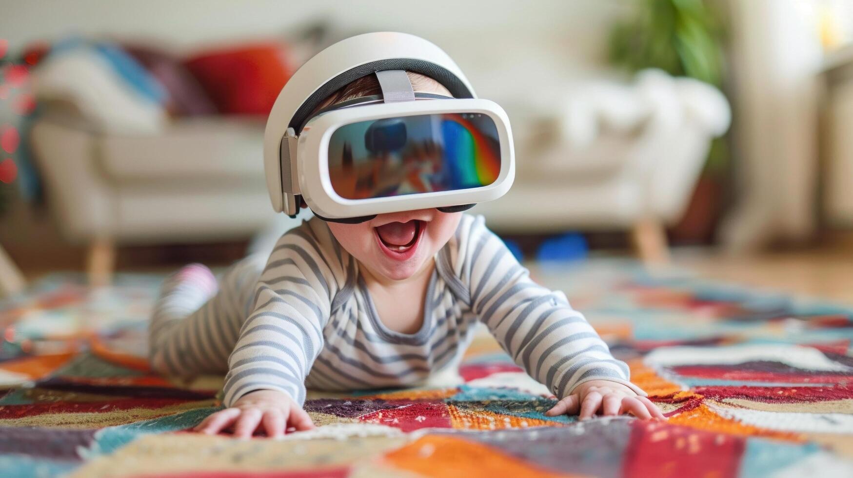 ai generado un sonriente bebé gateando en virtual realidad auriculares. niño desarrollo mediante juguetón vr tecnología. foto