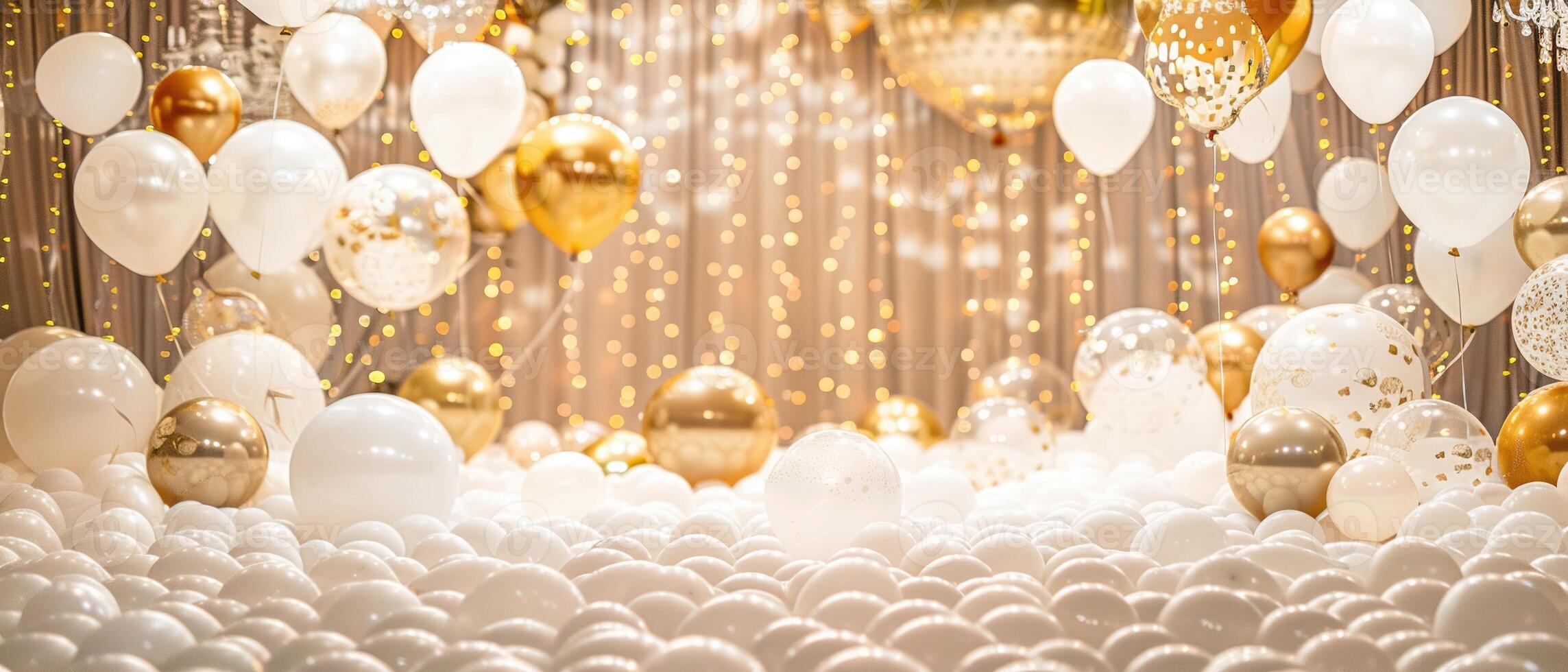 ai generado un vasto mar de blanco y oro globos crea un lujoso y festivo fondo adecuado para grandioso celebraciones y elegante eventos. foto