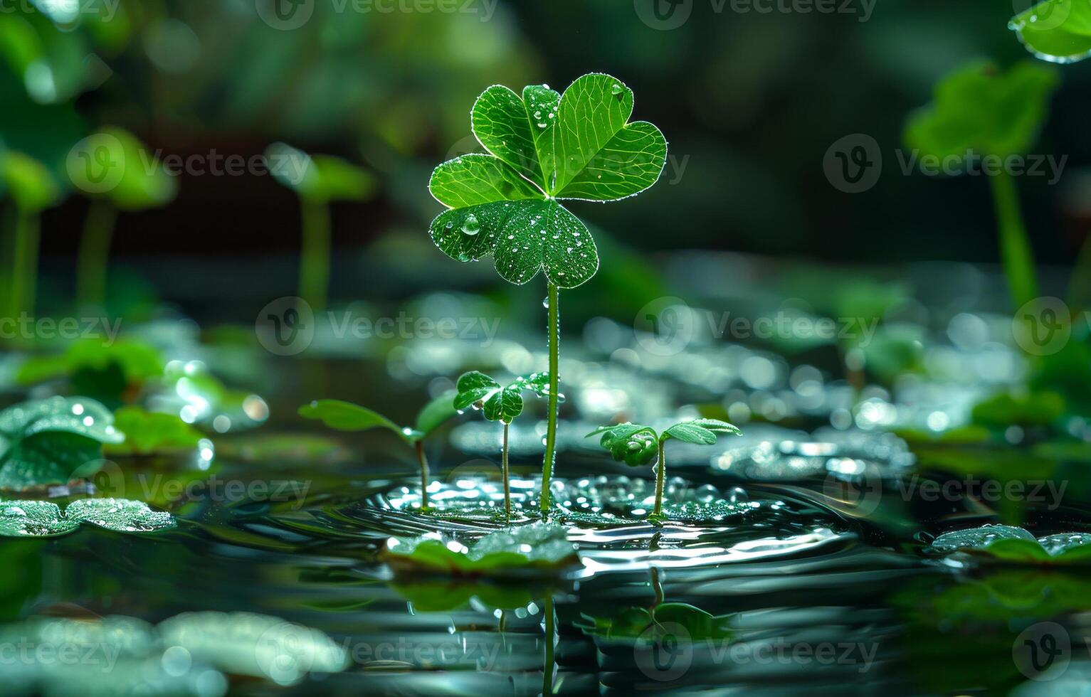 AI generated Small green plant sprouts from the water photo