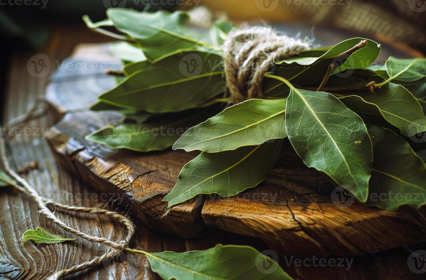 AI generated Bay leaves on wooden board and rope photo